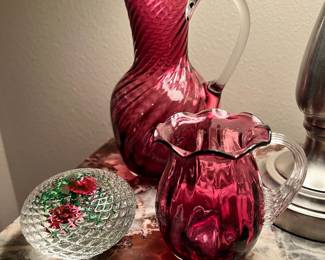 Cranberry Glass Jug with Swirl Design, Cranberry Glass Jug with Ruffle Design, Hobnail Glass Orb Paperweight with Rose Design