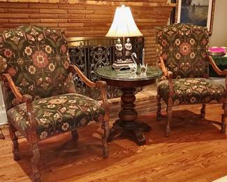Floral Armchairs, Marble Top Table, Asian-Style Lamp