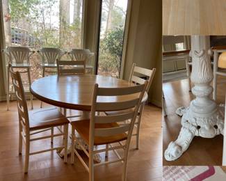 A Wood welded product 48” Round Butcher Block with White Iron Pedestal Base Kitchen Table & 6 Chairs 