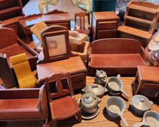 Vintage Wooden Miniature Doll Furniture- Metal Kitchen Pot Set