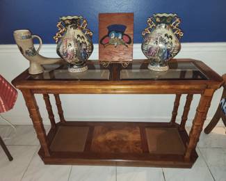 Midcentury Sofa Table with Glass Top - Oriental Vases - Horn Stein 