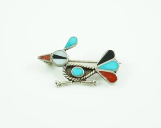 Sterling, turquoise, coral and mother of pearl pin