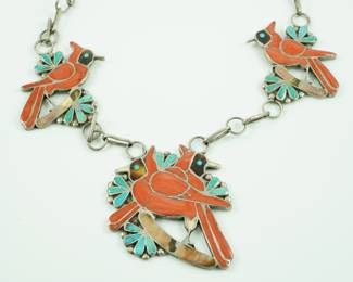 Inlaid coral, turquoise & onyx Cardinal necklace