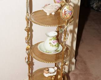 3 tier gold gilt stand with woven picture accents