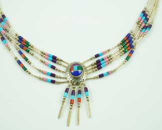 Inlaid Hopi semi-precious stones & sterling Heishi necklace