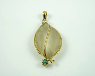 White jade, diamond, emerald & 14k teardrop pendant