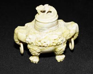 Carved soapstone Asian dragon & elephant censer with lid