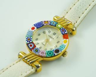 Murano millefiori framed mother of pearl watch with an ivory leather band