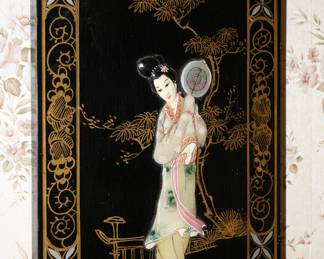 Inlaid mother of pearl black lacquered Geisha