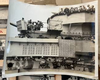 Very Raee photo of the USS Bennington aircraft carrier during WW2, Showing Japanese kill flags, which indicate the amount of planes and ships This particular aircraft carrier shot down during the war.