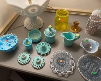 Turquoise, blue and yellow depression glass