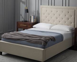 Malouf Queen "Hennessy" Beige Padded Platform Bed