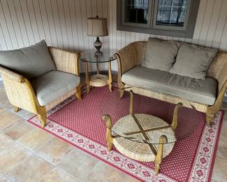 Patio furniture by Benchcraft (Blue Mountain, MS), including couch/sofa, armchair, coffee table and accent/side table; Ethan Allen area rug, 8’10” x 5’8”.