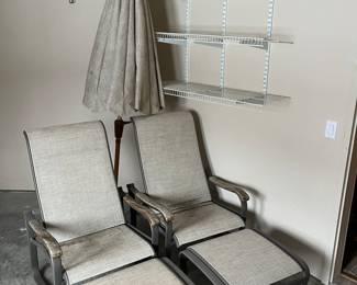 Tropitone patio furniture, including umbrella with base, two chairs and two ottomans (umbrella and stand sold together).