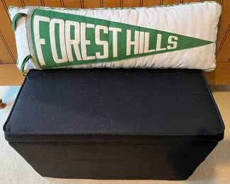 Upholstered storage chest/bench; “Forest Hills” decorative pillow.