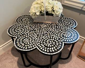 Interesting accent/coffee table by The Sunco Furniture, with mother-of -pearl-enhanced surface.