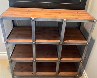 Cool metal and wood storage cabinet/shelf unit.