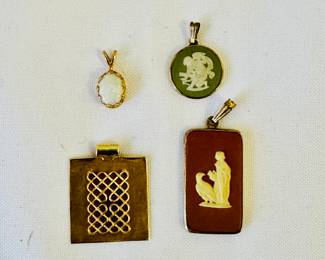 Pendants, including gold (L) and Wedgwood jasperware (R)