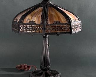 Antique Empire Bronzed Cast Metal & Carmel Slag Table Lamp	22.25x18x18in	124076