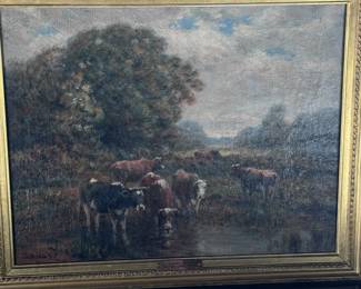 1915 Antique Oil Painting George Arthur Hays Cows at the Brook Framed Art	Frame: 16.5x20.5x1.5in Canvas: 14x18in	124059