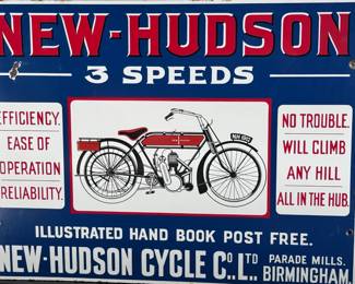New-Hudson 3-Speeds Cycle Enamel Sign Motorcycle  Advertising	17.25x22.5 Gauge: 2mm	124085