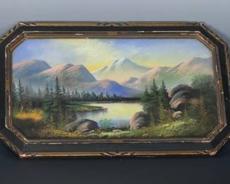 Antique Pastel Mountain Lakeside Landscape Painting Original Art	12.5x20.5in	119043
