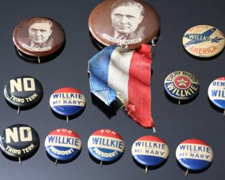 Lot of 26 1940 Wendell Willkie Presidential Election Political Pin Back Button Lot Pins Buttons	Largest: 1.75in Diameter	119024
