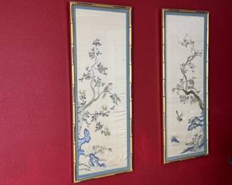 2pc Asian Silk Tapestry Pair Birds & Branches	Frame:39x15.5in	113063