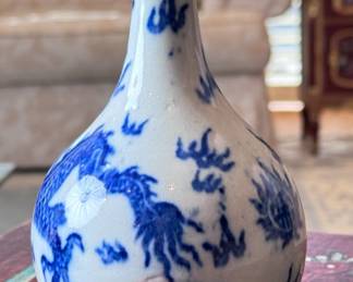 Antique Chinese Blue & White Porcelain Dragon Bottle Vase	7.5in H	113020
