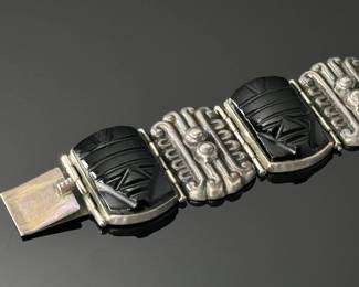 Vintage Mexican Sterling Silver & Obsidian Mask Hinged Panel Bracelet Taxco 925	7.25in  Total Length: 8in  width: 1.25in	112021
