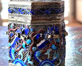 Antique Chinese Export Filigree Metal & Enamel Polygon Box	3in h	113008
