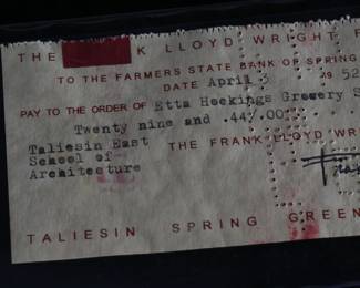 Signed Original 1952 Frank Lloyd Wright Bank Check	Check:2.5x5.8in	124003