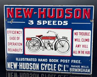 New-Hudson 3-Speeds Cycle Enamel Sign Motorcycle  Advertising	17.25x22.5 Gauge: 2mm	124085