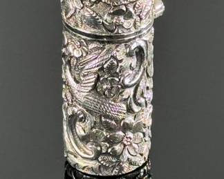Victorian Antique Silver Scent Bottle chased with Birds  SAMPSON MORDAN & CO, LONDON  S.M.& Co Perfume	2.12in H x 0.9in	124132