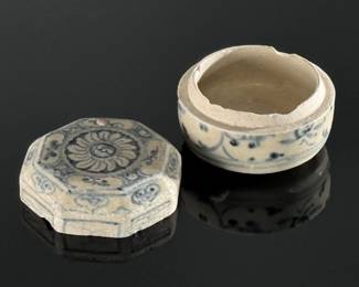 Chinese Blue and White Porcelain Lidded Box With Flower Decoration Octagon	1.25x1.95in diameter	124130
