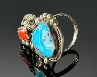 Vintage Signed Navajo Turquoise, Coral & Silver Ring Native American Pawn SZ: 8.5	Size: 8.5 Centerpiece:42x 26.5mm	112005