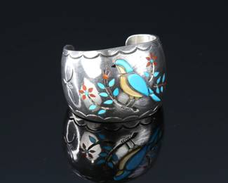 Vintage Navajo Wayne Silvers Bird Inlay Cuff Bracelet Turquoise Coral MOP Inlay Silver  W.	Inside circumference with gap: 6.5in Width: 1.95in	112003
