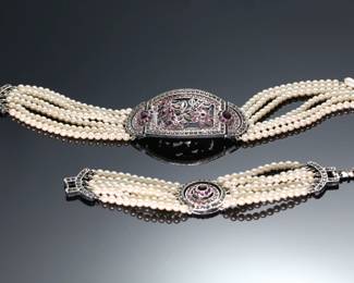 2pc Vintage Faux Pearl & Purple Rhinestone Choker Necklace & Bracelet Set	Necklace: 12in<BR>Bracelet: 7.5in	113118
