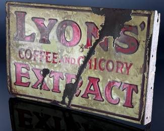 1930s Antique English Lyons' Coffee and Chicory Extract Double Sided Flange Enamel Sign Advertising	11.75x18x1.5in<BR>Gauge: 3mm	124020