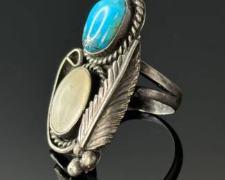 Vintage Navajo Turquoise , Shell & Silver Ring Native American Pawn SZ: 7.5	Size: 7.5 Centerpiece:38x23mm	112006