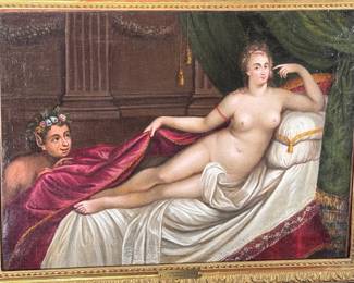 Antique Oil Painting Odalisque Couchee et Faun lorgnat Lying Concubine and Pepping Faun Original Art	Frame: 17x22.5in Canvas: 14.75x20in	124057