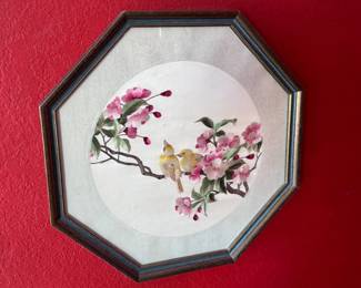 2pc Octagon Asian Silk Framed Tapestry Pair Birds on Cherry Blossom	Frame:14.75x14.75in	113062
