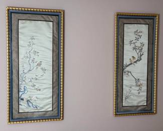 2pc Chinese Silk Embroidery w/ Birds & White Flowers PAIR	Frame: 45x22in	113080