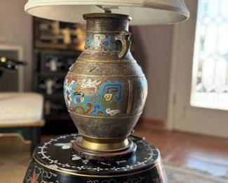 Vintage Japanese Cloisonne Champleve Large Enameled Brass Vase Urn Lamp	25in H x 14in Diameter	113058