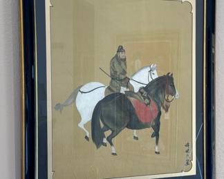 Silk Chinese Painting Two Horses and A Groom by Han Kan of Tang dynasty	Frame:29.5x25.5	113054
