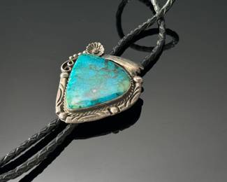 Vintage Navajo Silver & Turquoise Bolo Tie Signed Native American Pawn	36in Long Centerpiece: 2.35x2.05in	112004