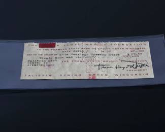 Signed Original 1952 Frank Lloyd Wright Bank Check	Check:2.5x5.8in	124003