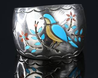 Vintage Navajo Wayne Silvers Bird Inlay Cuff Bracelet Turquoise Coral MOP Inlay Silver  W.	Inside circumference with gap: 6.5in Width: 1.95in	112003