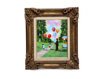 Pauline LaRosa The Balloon Man Enamel on Copper Painting Framed Art Collectors Guild  170/250	Frame: 15.25x13.25x2in	119013
