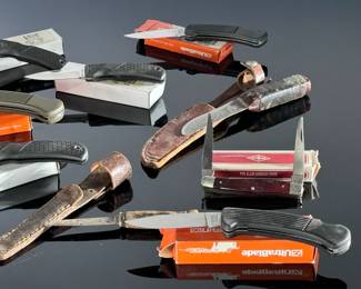 Lot of 12 knives leather sheathes, boxes, pocket knives, some antique	4 to 9 inch knives	115008